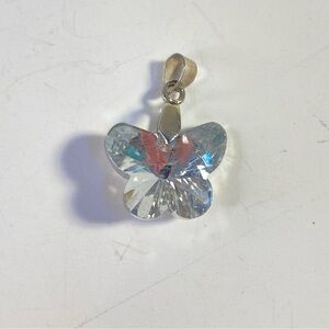 Vintage Faceted Crystal Butterfly Pendant Clear Silver Tone